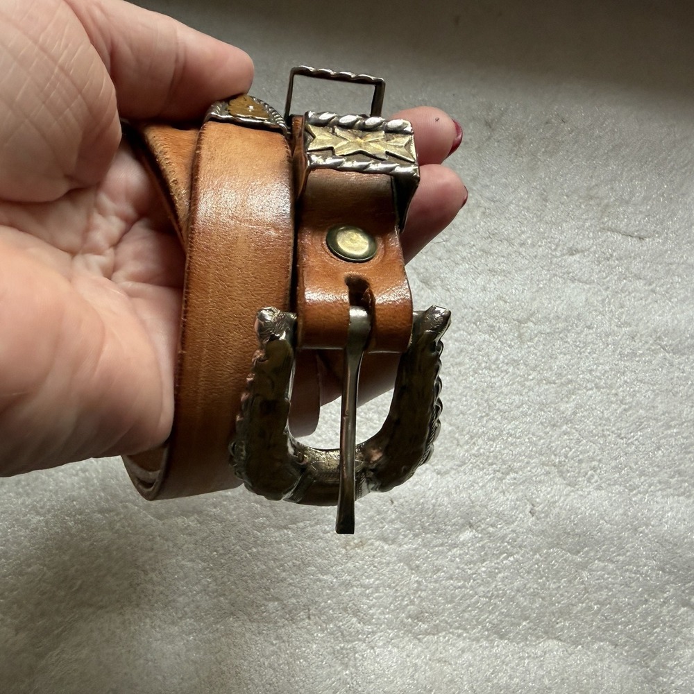 Vintage‎ Handmade 70s Leather Belt Women L Brown Alpaca Mexico Buckle Southwest